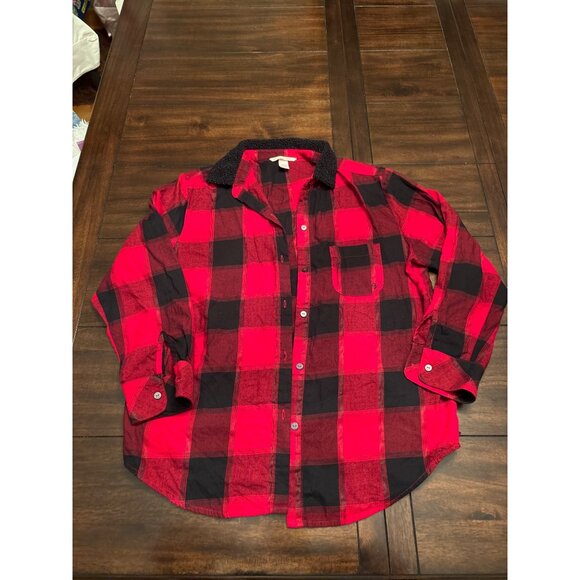 Victorias Secret Womens Plaid Shirt & Sherpa Shorts Set S Red & Black - Picture 4 of 11